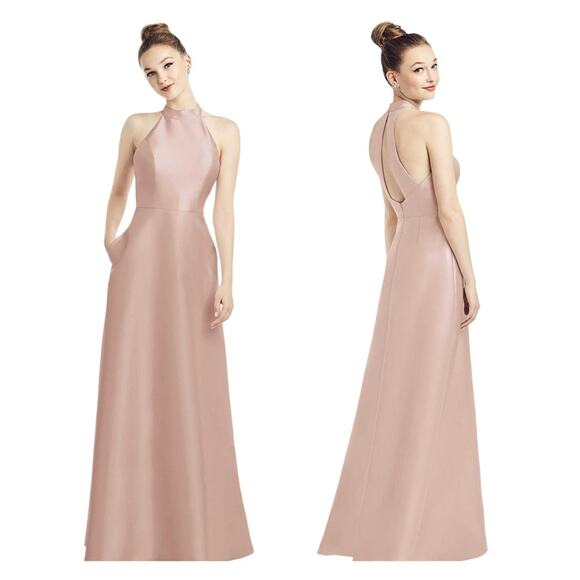 ALFRED SUNG High Neck Cut-out Back Gown with Pockets Toasted Sugar Size 2 - Picture 1 of 10